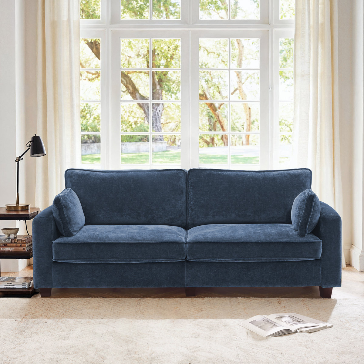 Dark blue Seliana chenille sofa with accent pillows