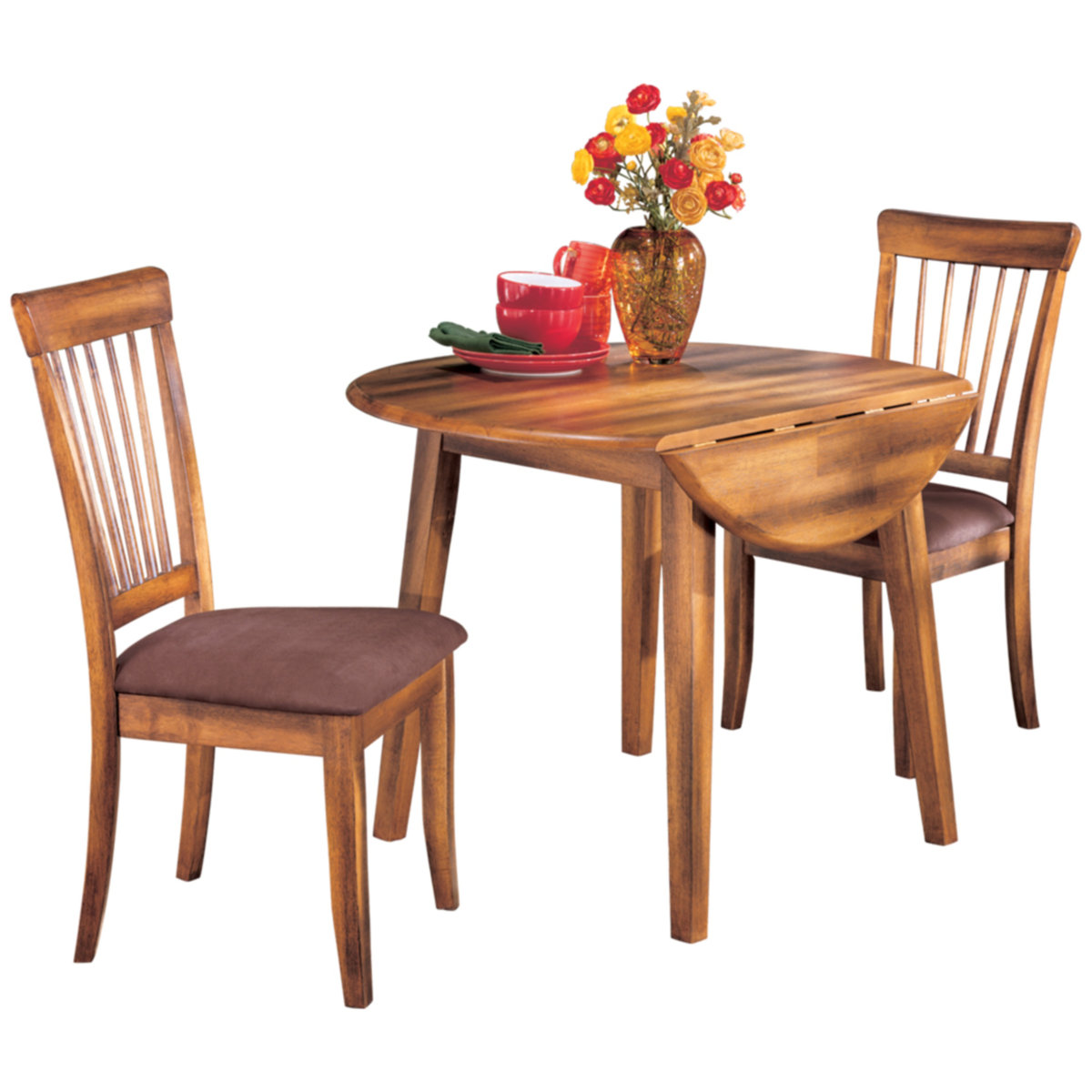 Tanan drop-leaf dining table with two upholstered chairs